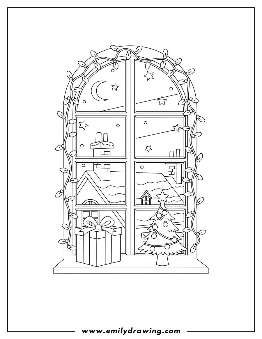 Downloadable coloring page of christmas Lights Framing Window With a Gift Box, Mini Christmas Tree, and Starry Rooftop View with Chimneys