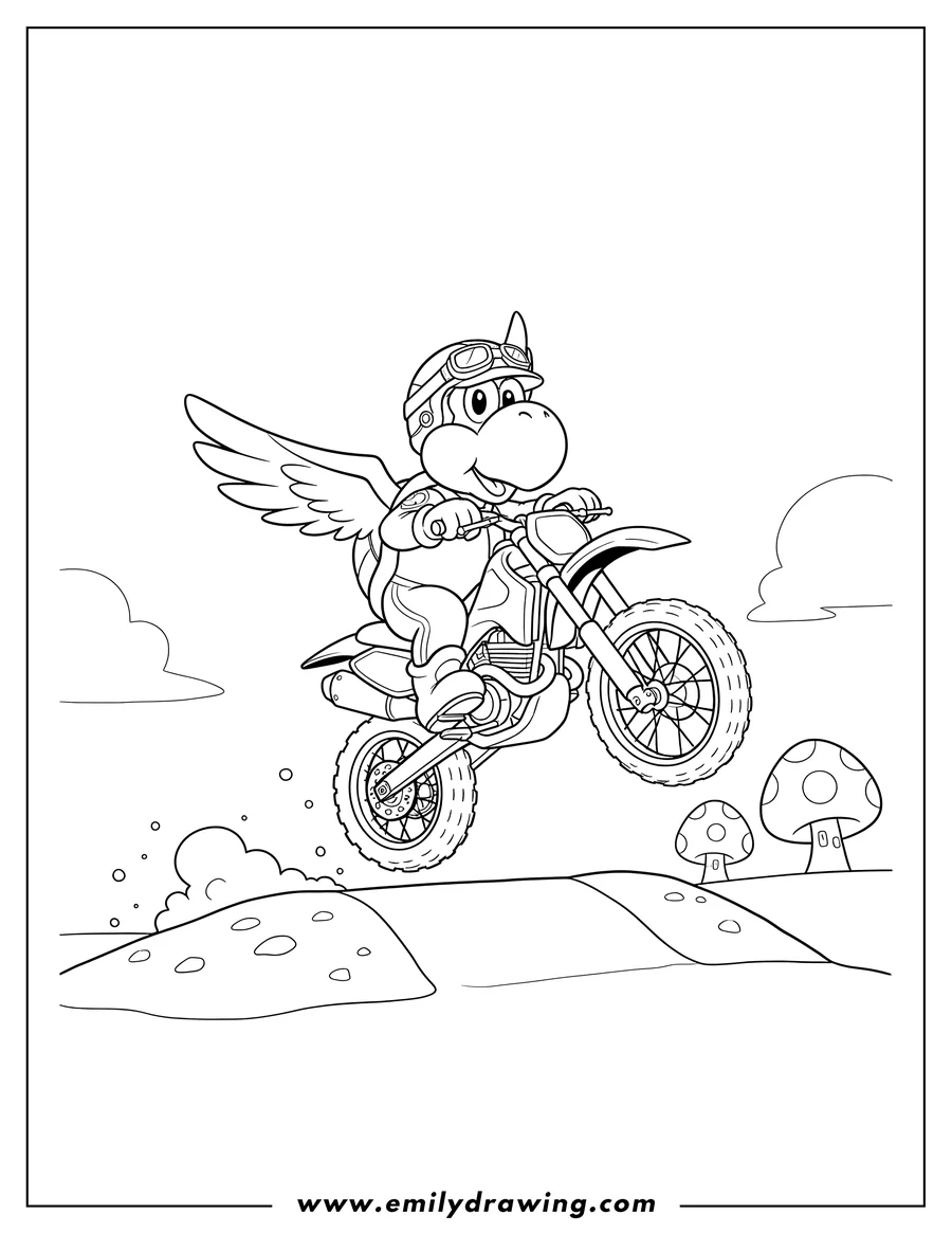 PDF style coloring page: winged Koopa Paratroopa riding a dirt bike in Mario Kart