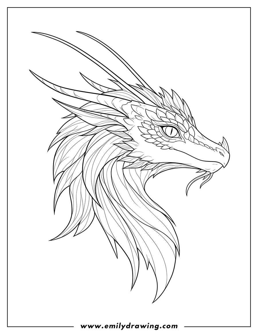 Linear illustration of wings Fire Luna, a dragon head in profile