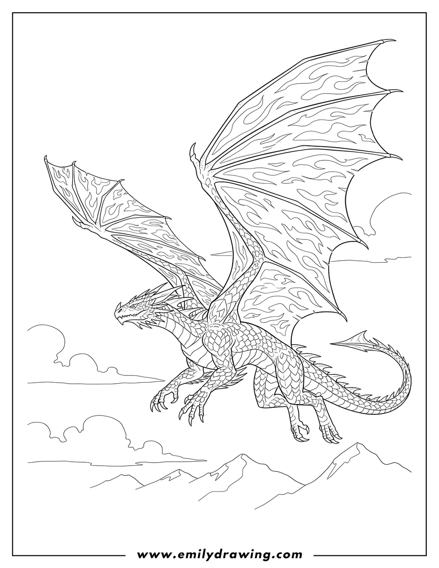 PDF style coloring page: wings of Fire Peril flying with detailed wings
