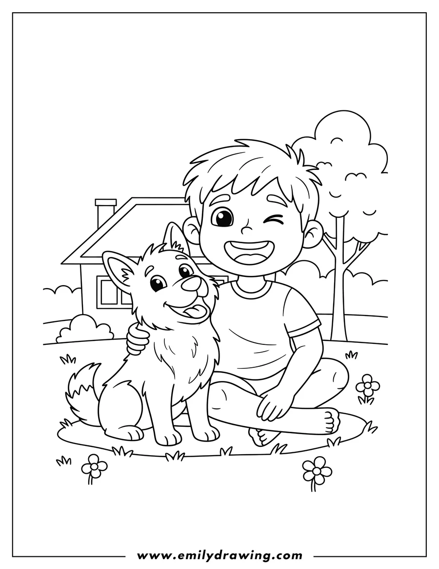 Downloadable coloring page of winking and smiling boy with his best friend dog sitting and looking up
