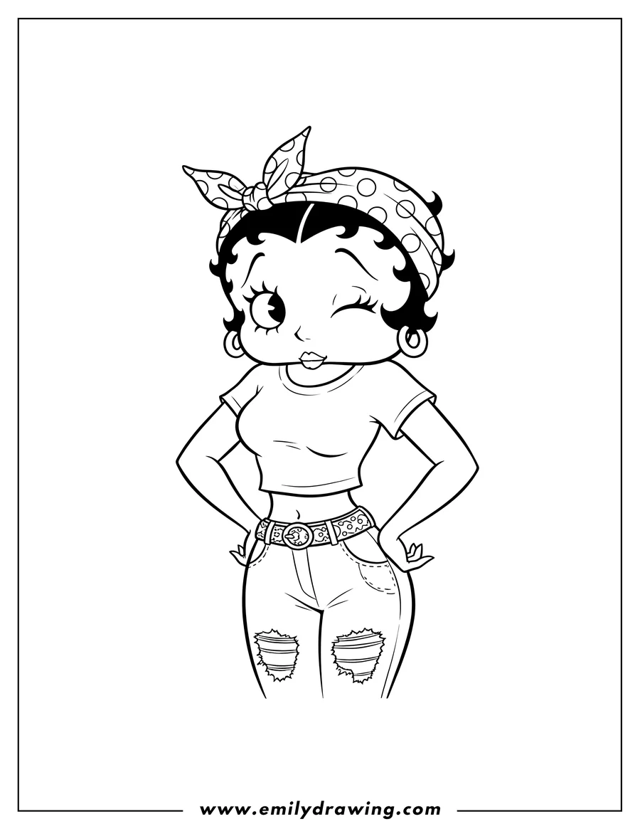 Free to print drawing of winking Betty Boop, hands on hips, wearing a polka-dot bandana and ripped jeans