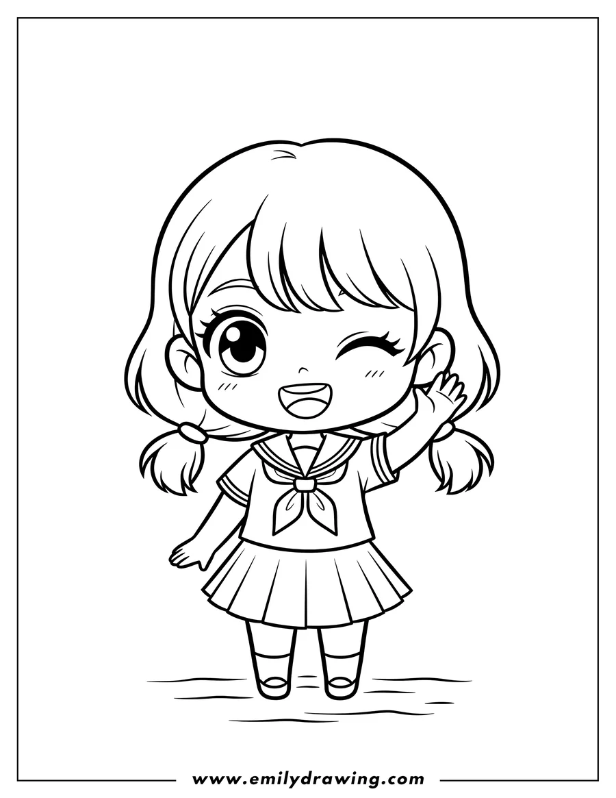 Free to print drawing of winking Chibi Girl in a sailor uniform, smiling and waving