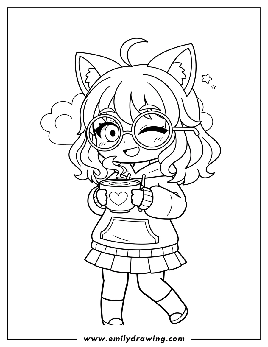 Linear illustration of winking Gacha Life Girl with animal ears and glasses, holding a coffee cup