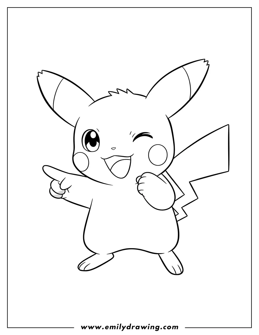 High quality printable winking Pichu smiling and pointing for coloring