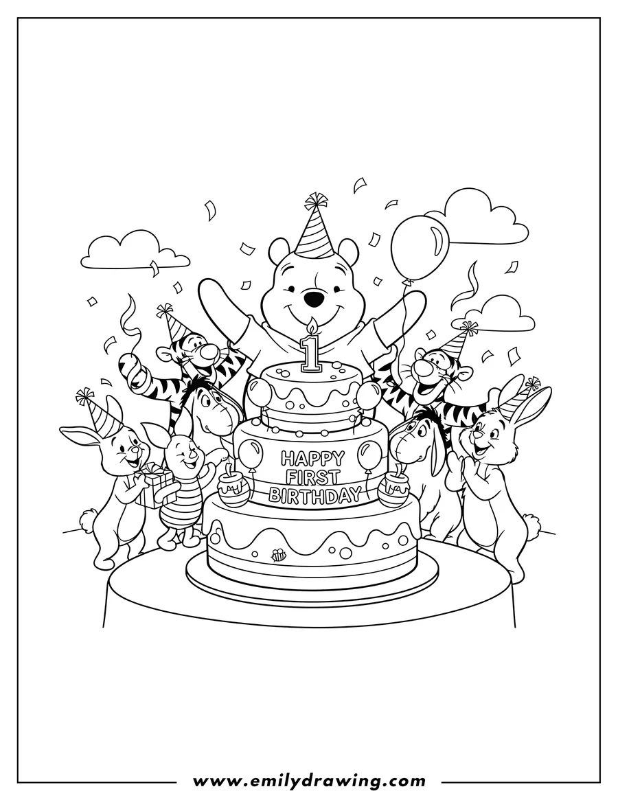 Coloring page for kids: winnie Pooh and Friends First Birthday Tiered Cake