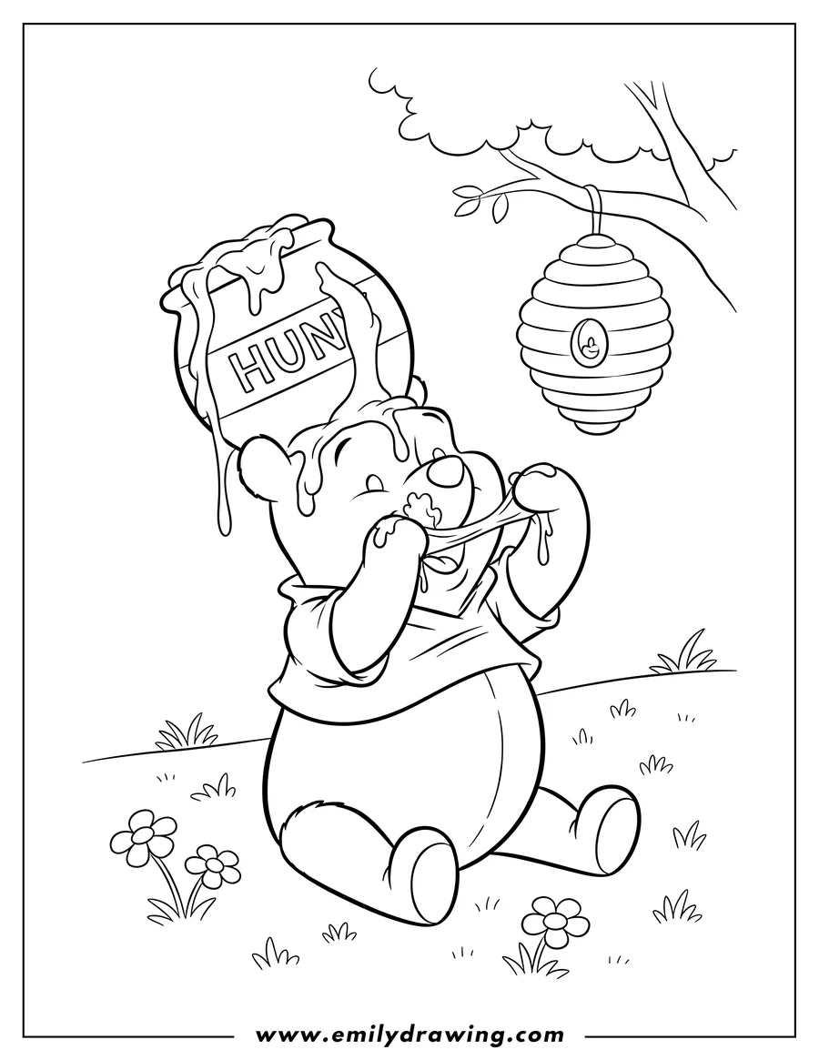 Downloadable coloring page of winnie Pooh, happy, sitting with a honey pot on his head and pulling honey from his mouth