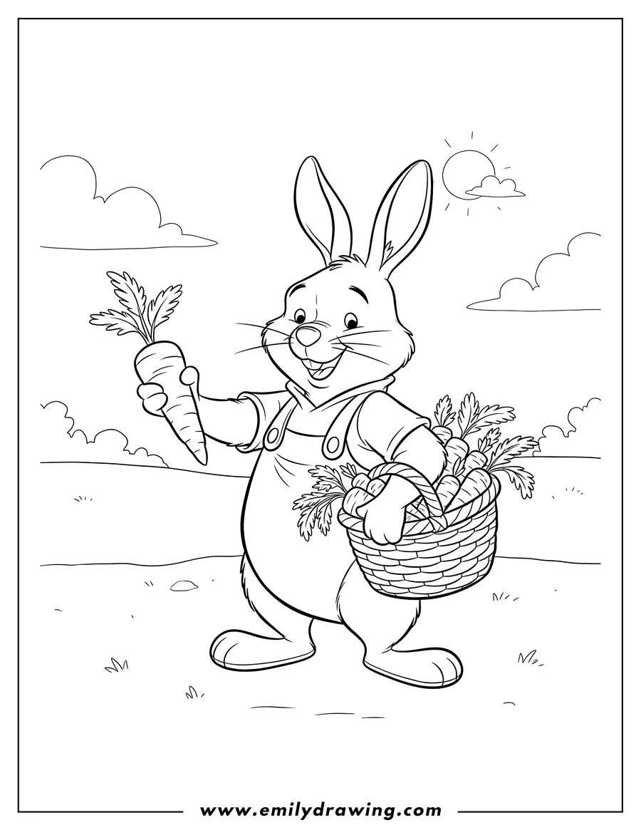Linear illustration of winnie Pooh Rabbit Scaled holding a carrot and a basket of carrots