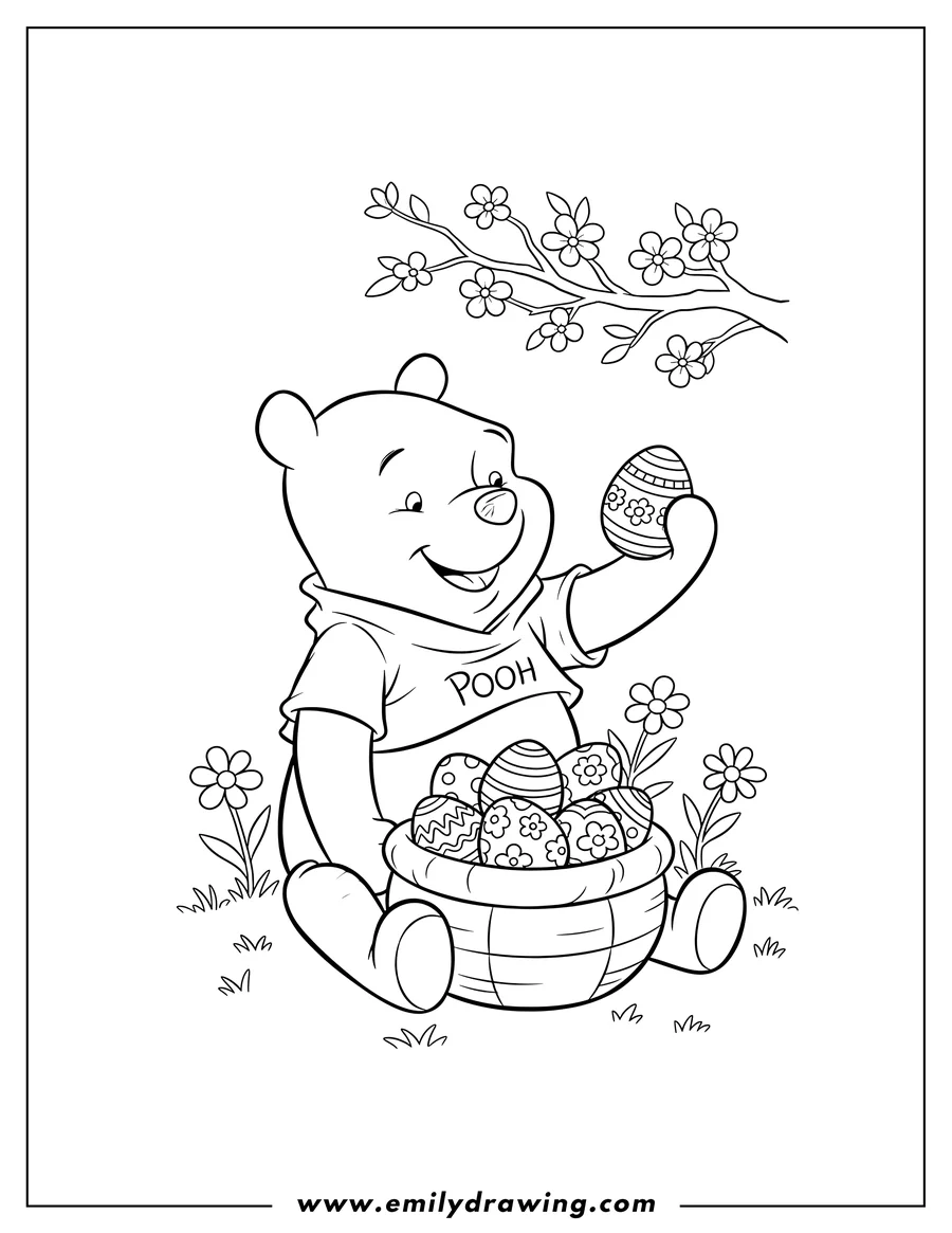 Coloring page of winnie Pooh smiling, sitting with a pot of decorated Easter eggs and holding one