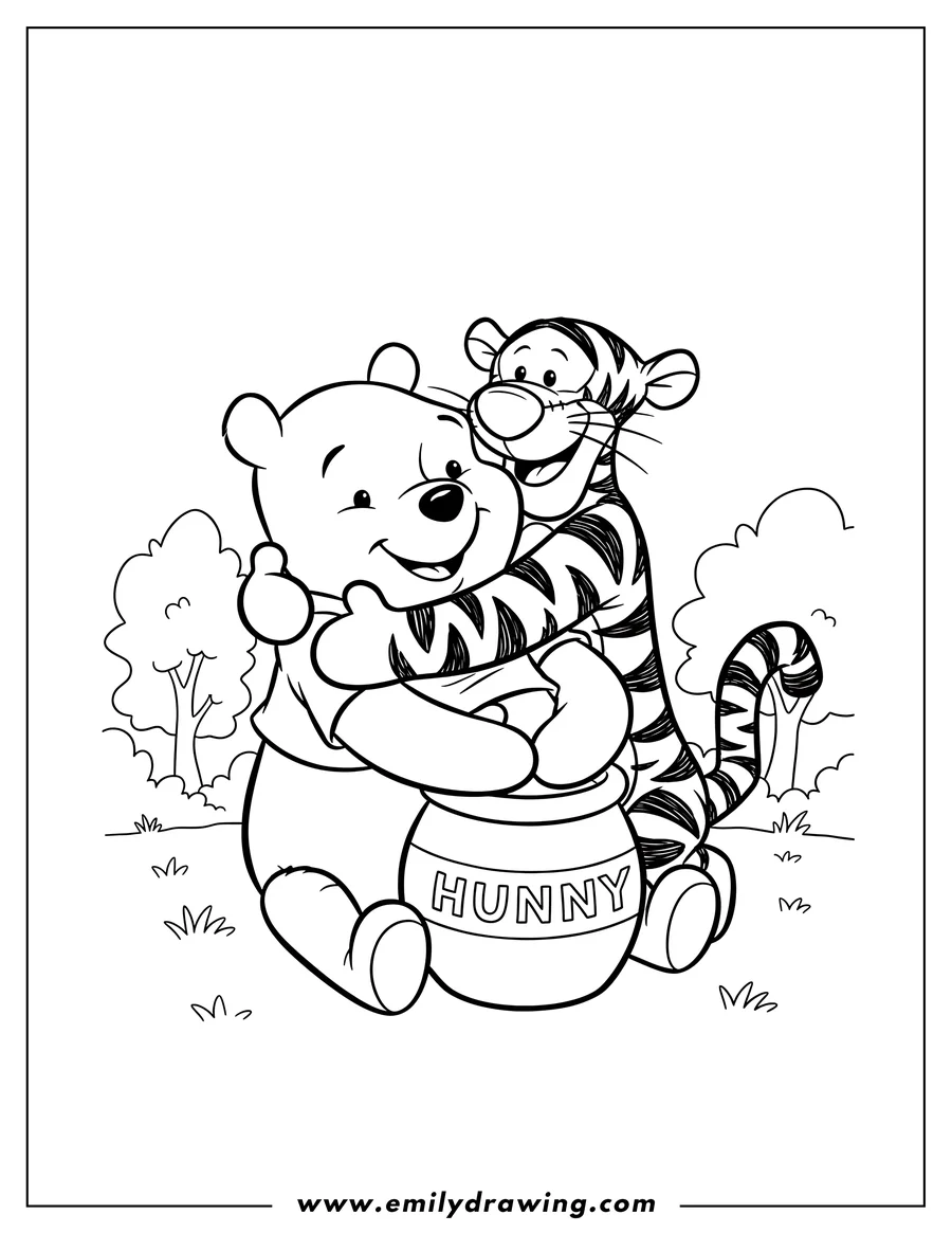 Line art of Winnie the Pooh hugging Tigger, who is embracing Winnie the Pooh and his 'HUNNY' pot, in a grassy field with trees.