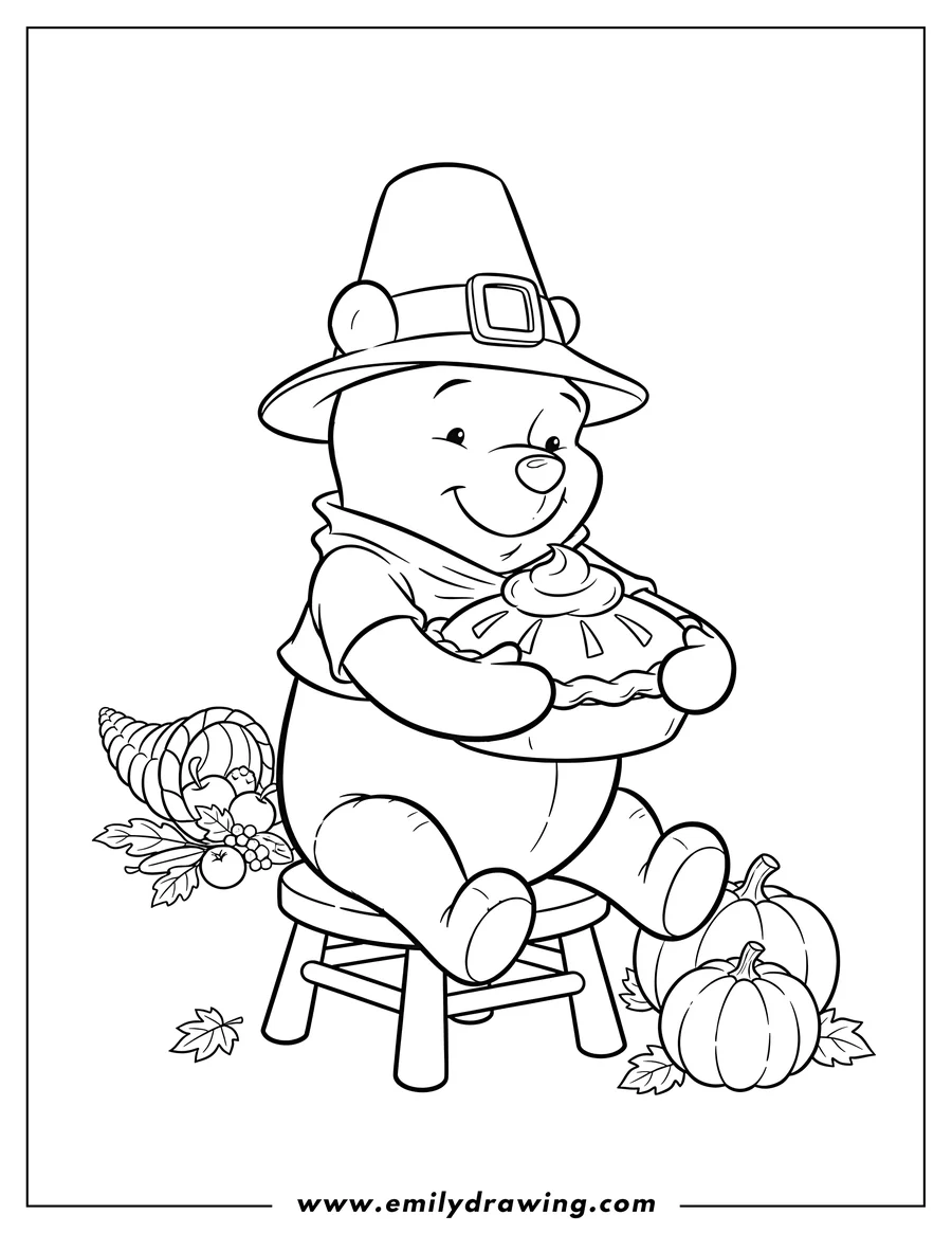 Downloadable coloring page of winnie Pooh wearing a pilgrim hat, sitting and holding a Thanksgiving pie with whipped cream