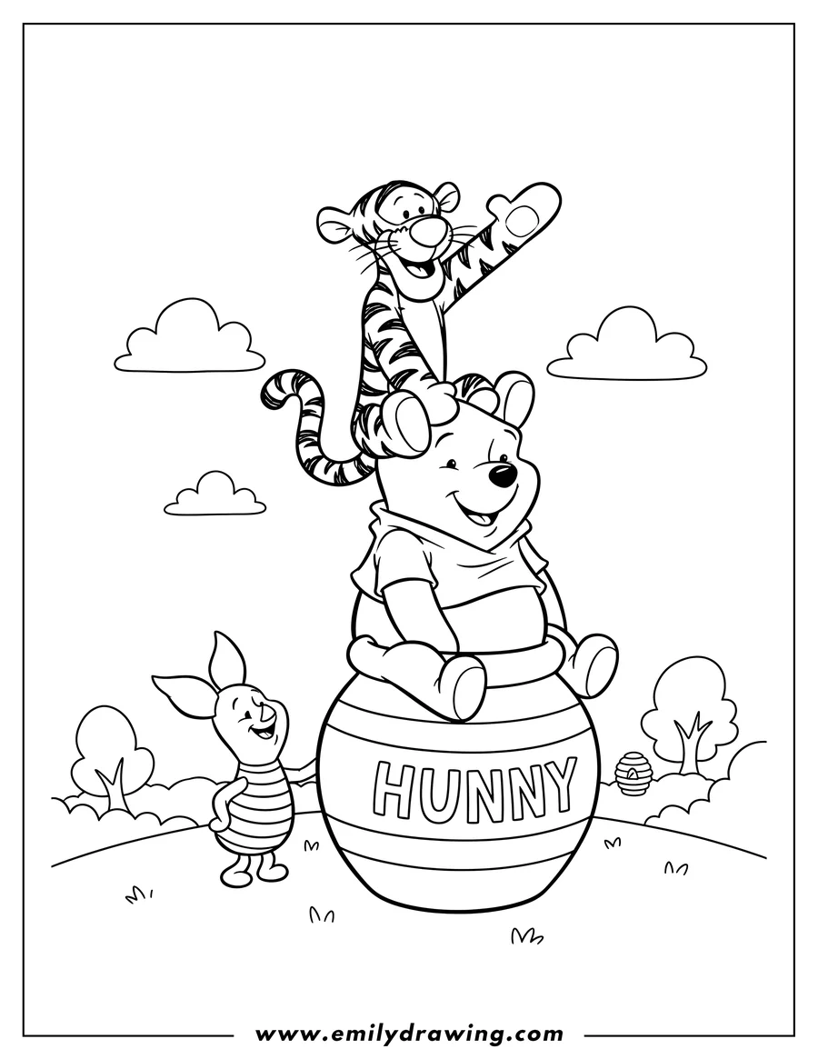 Coloring page of winnie the Pooh sitting on a honey pot, with Tigger on his head, and Piglet beside him