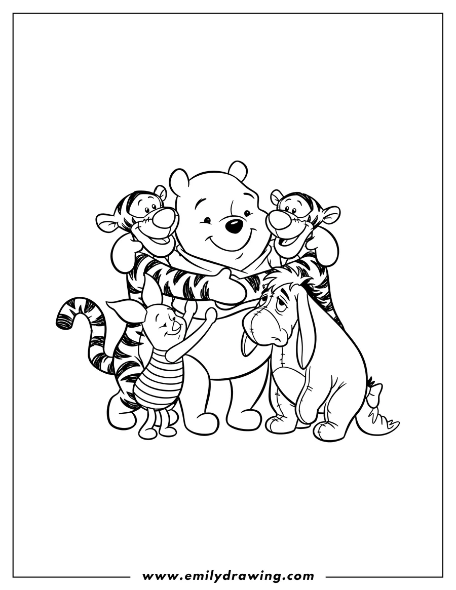 High quality printable winnie the Pooh, Tigger, Piglet, and Eeyore in a group hug for coloring
