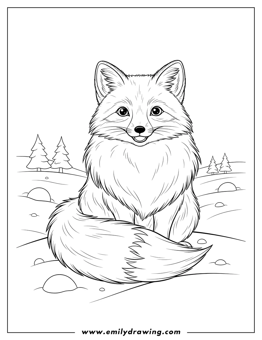 Clean line drawing: winter Arctic Fox With Fluffy Tail sitting and smiling