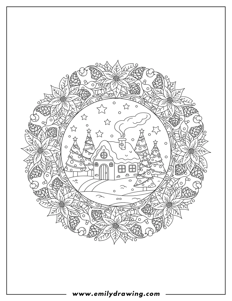 Simple sketch of winter Cottage with smoking chimney, Christmas trees, and stars in a Poinsettia and Pinecone Christmas Mandala to color
