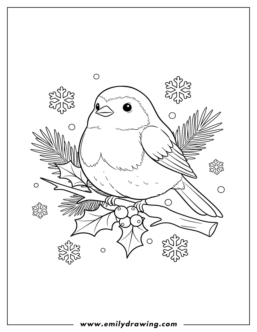 Printable coloring page of winter Robin perched on a holly branch with berries, with snowflakes and pine leaves