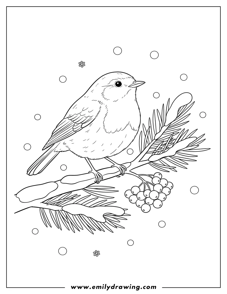 Coloring sheet featuring winter Robin perched on a snowy pine branch with clustered berries, looking right, with falling snow
