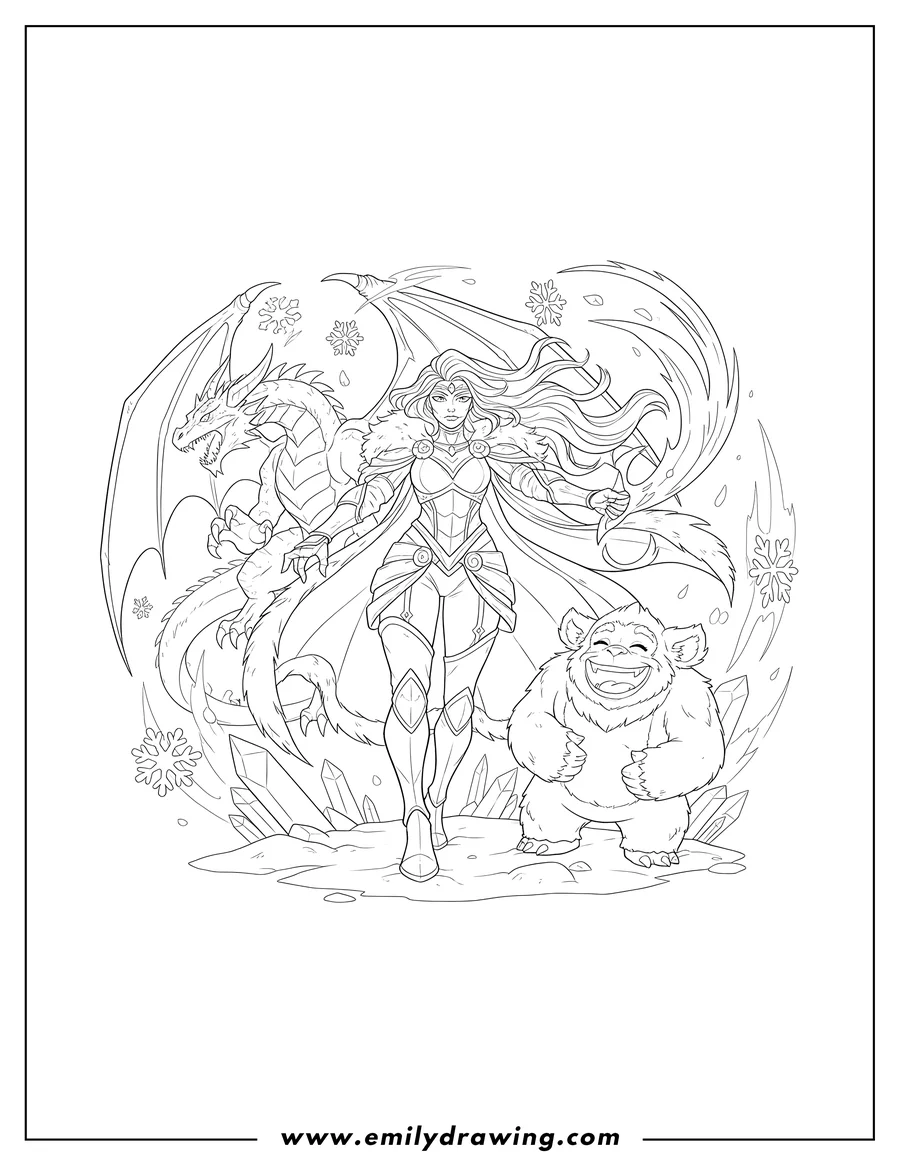 Outline drawing of winterblessed Diana casting a spell alongside a laughing figure and a fierce dragon