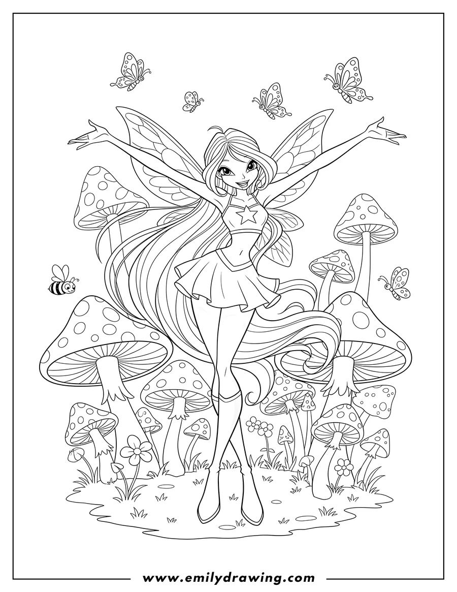 Black and white line art of winx Club Bloom dancing with outstretched arms in a Mushroom Garden with butterflies and bees