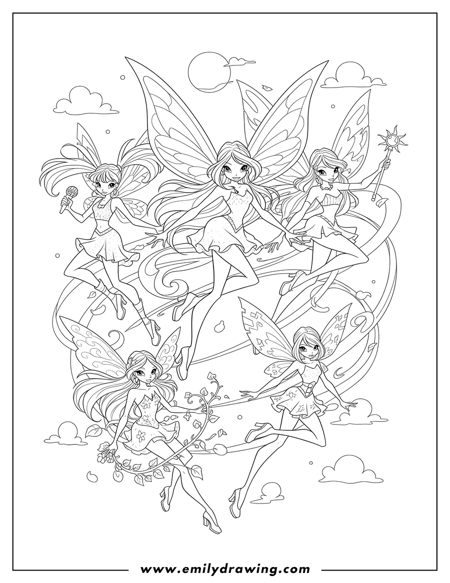Printable line art of winx Club Bloom Stella Musa Flora And Tecna flying together and smiling