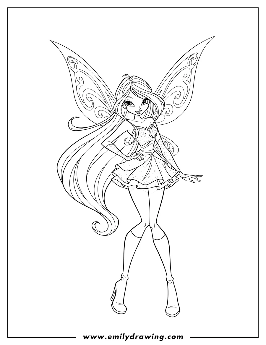 Linear illustration of winx Fairy Bloom smiling and standing with wings