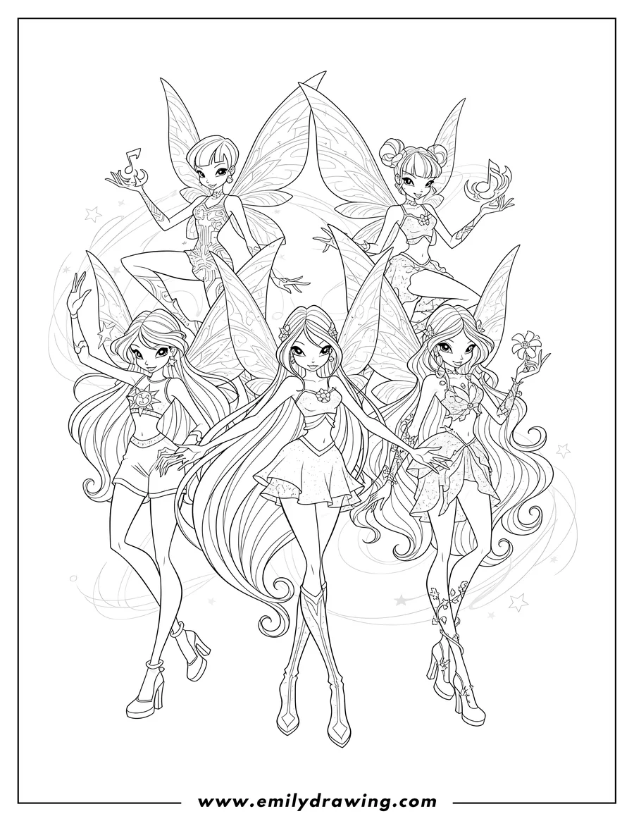 Printable line art of winx Tv Shows: The Winx Club fairies posing together