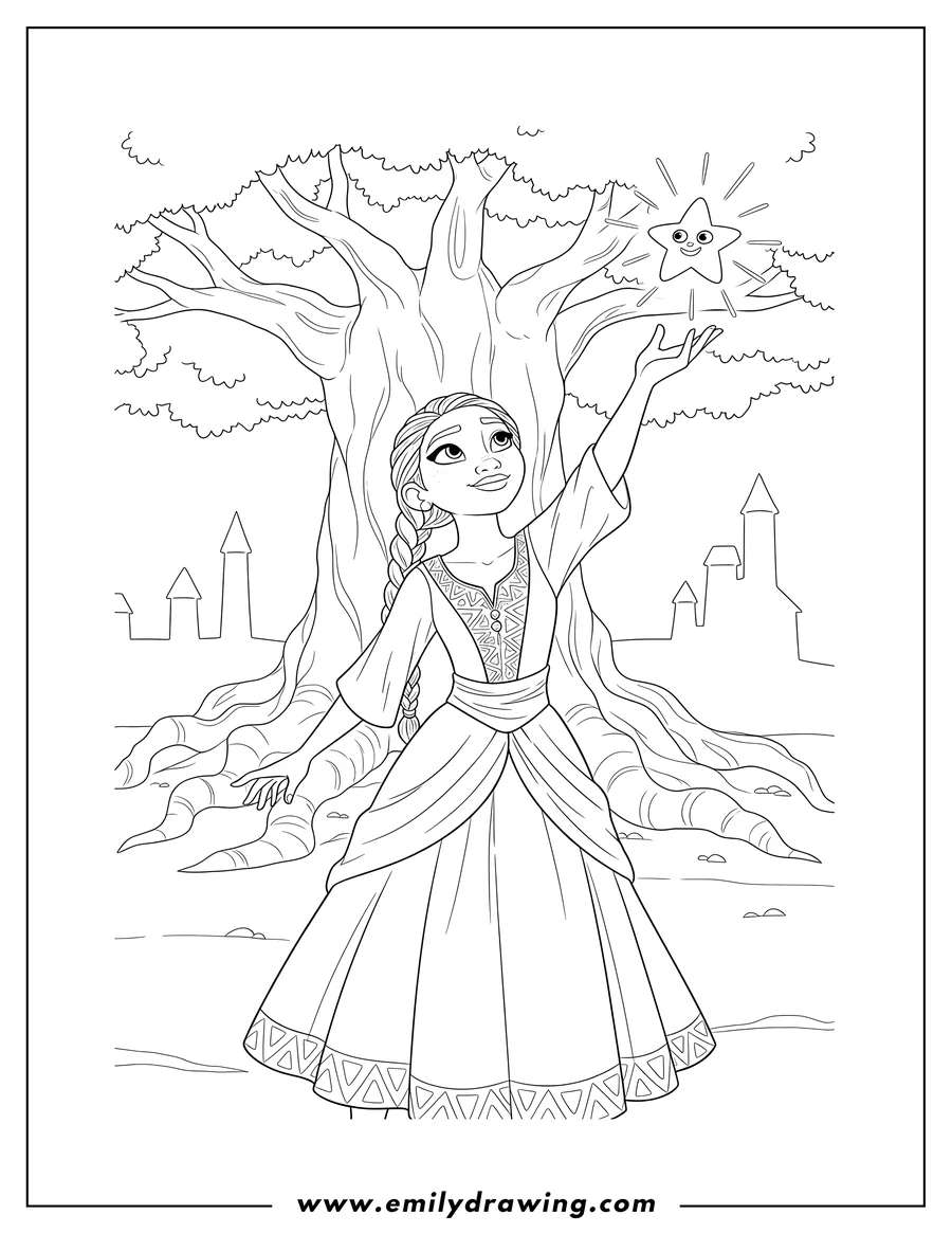 Doodle style coloring picture of wish Disney, Asha reaching up with Star