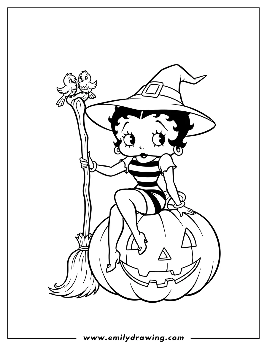 Coloring sheet featuring witch Betty Boop Halloween, sitting on a pumpkin and holding a broom with two birds
