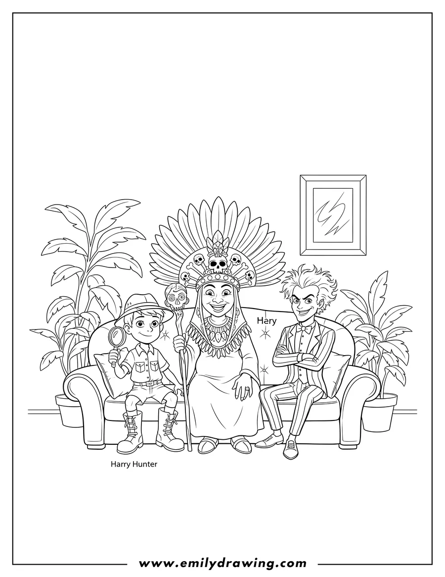 High quality printable witch Doctor With Harry Hunter And Beetlejuice sitting on a couch, Beetlejuice with crossed arms for coloring