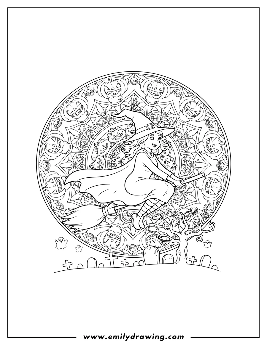 Coloring sheet featuring witch flying on a broomstick in front of a full moon over a cemetery, Halloween mandala