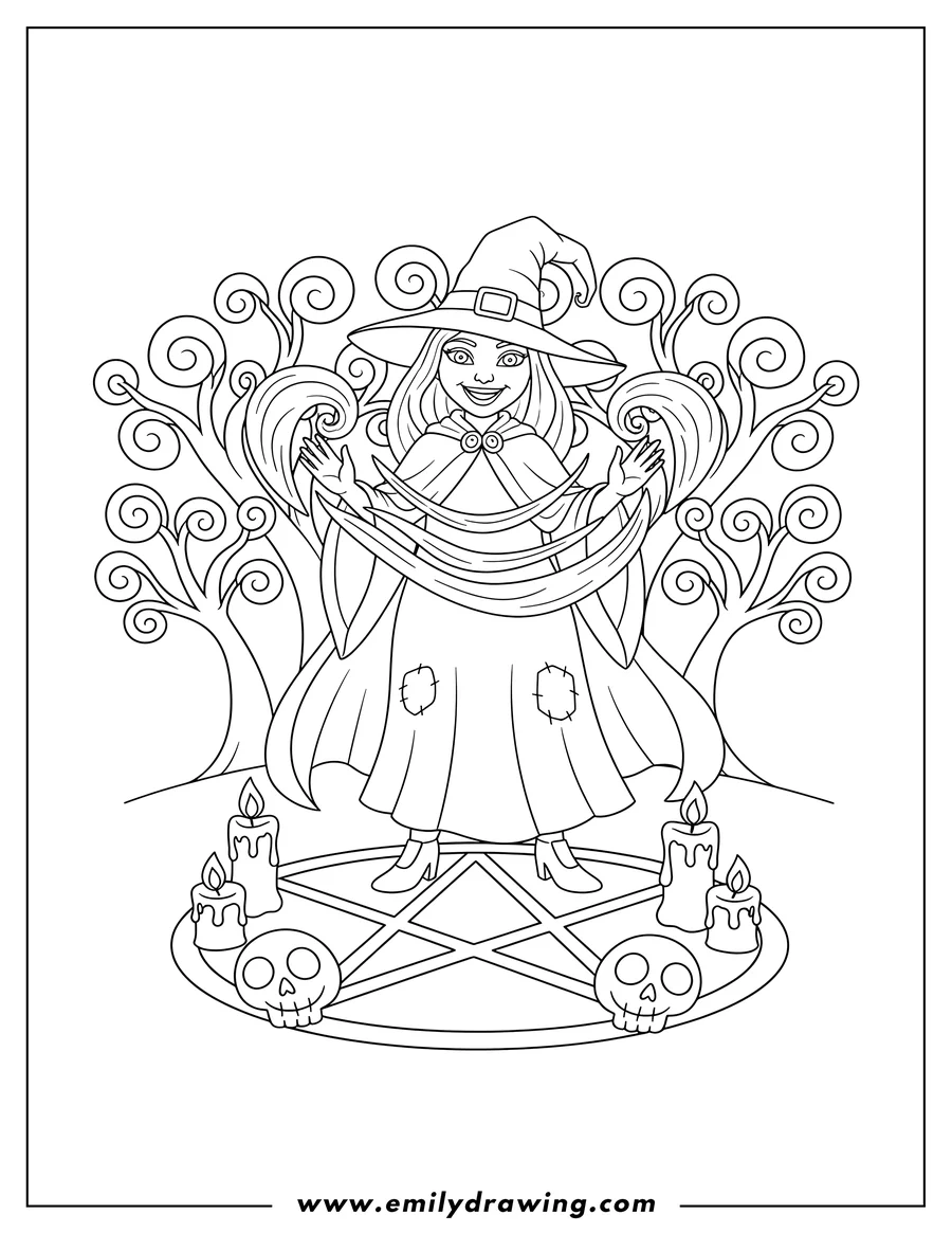 Free printable coloring sheet of witch in a pointy hat casting a glowing spell over a pentagram, with skulls and candles, surrounded by trees