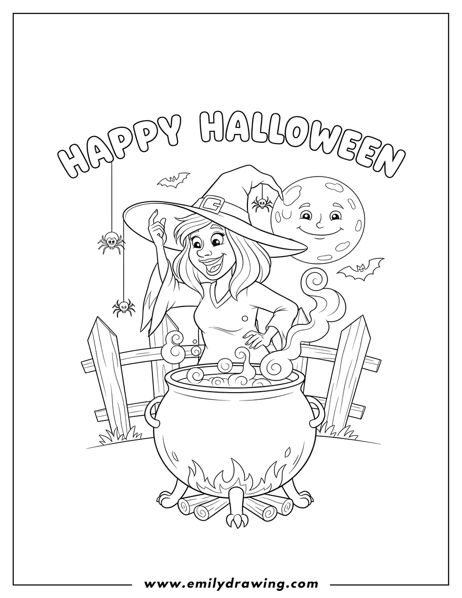 Vector style outline of witch adjusting her hat and looking over a boiling cauldron with Happy Halloween text