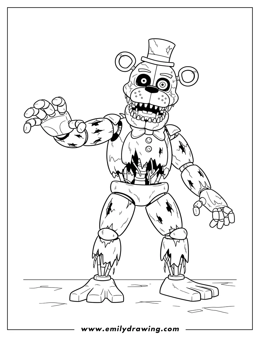 Coloring page for kids: five Night At Freddy S Withered Freddy standing, reaching out with an open mouth and teeth