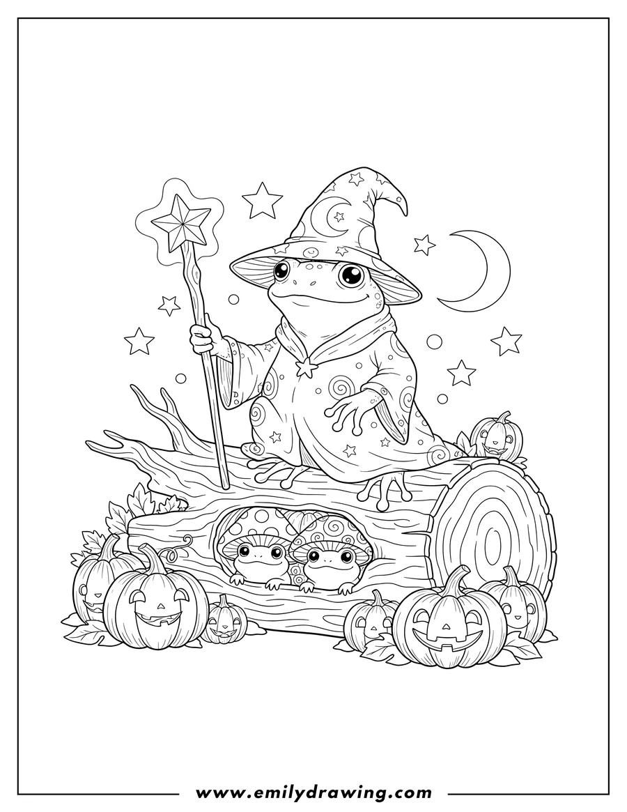 Coloring sheet featuring A wizard frog perched on a tree log, with two small frogs in mushroom caps peeking out from inside the hollow log, with pumpkins on a starry fall night