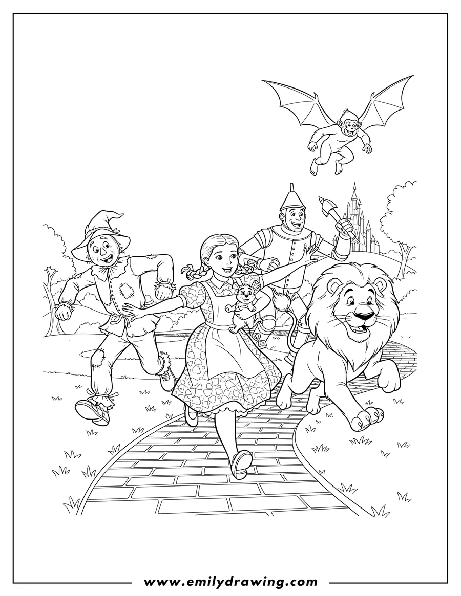 PDF style coloring page: wizard Oz Dorothy Scarecrow Lion Tin Man And Toto running on the yellow brick road with a flying monkey