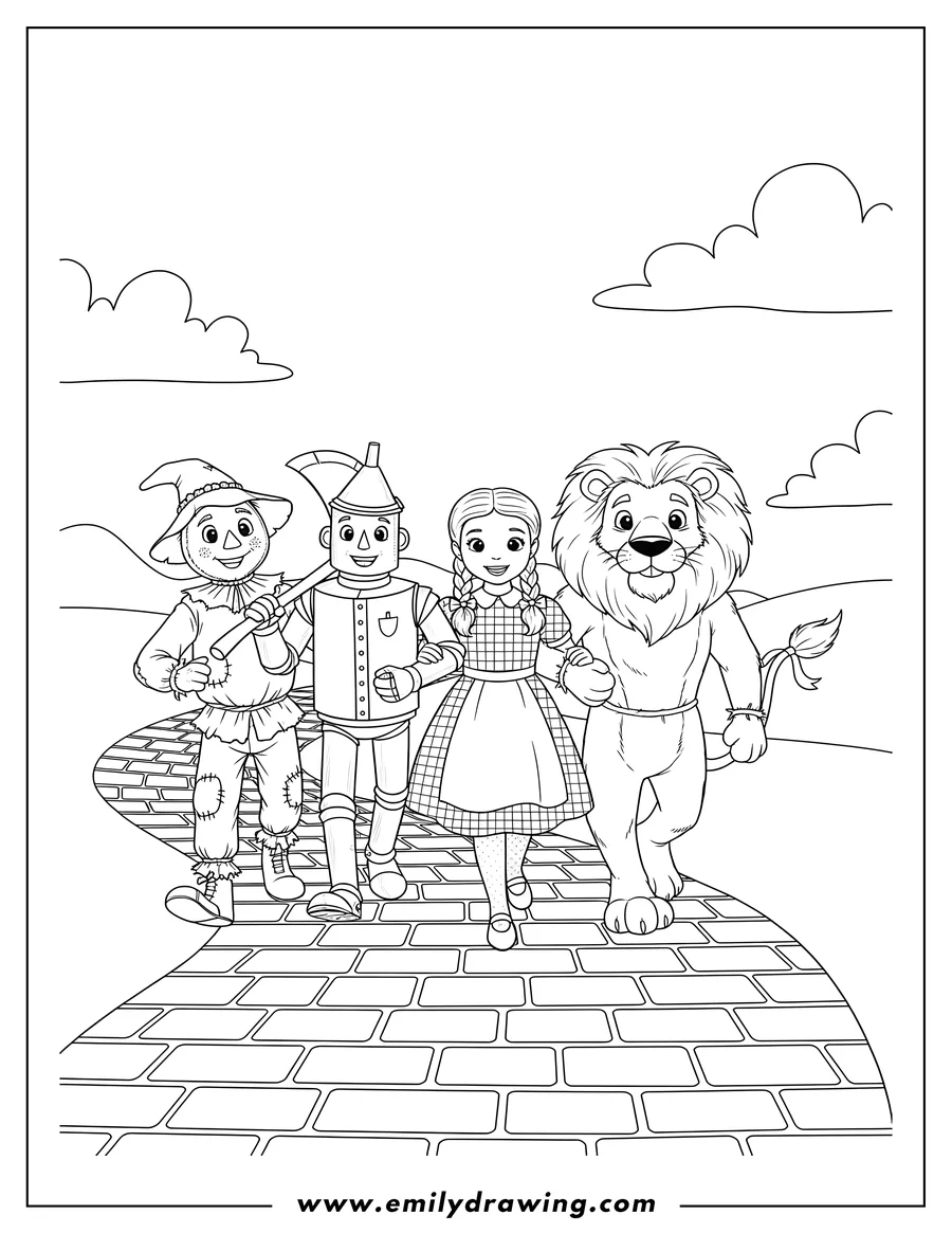 Black and white line art of wizard Oz Cowardly Lion Dorothy Tin Man and Scarecrow walking arm-in-arm on the Golden Brick Road, Tin Man holding his axe