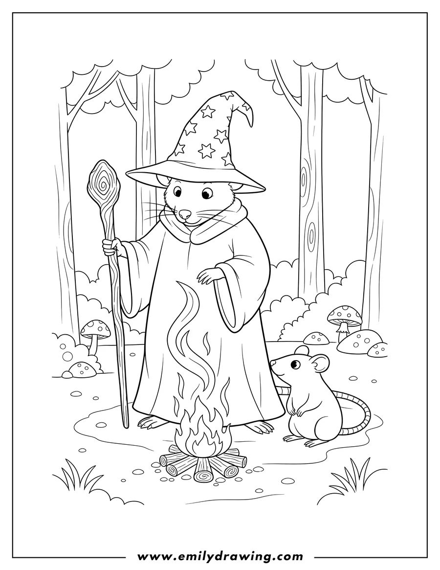Coloring sheet featuring wizard Rat