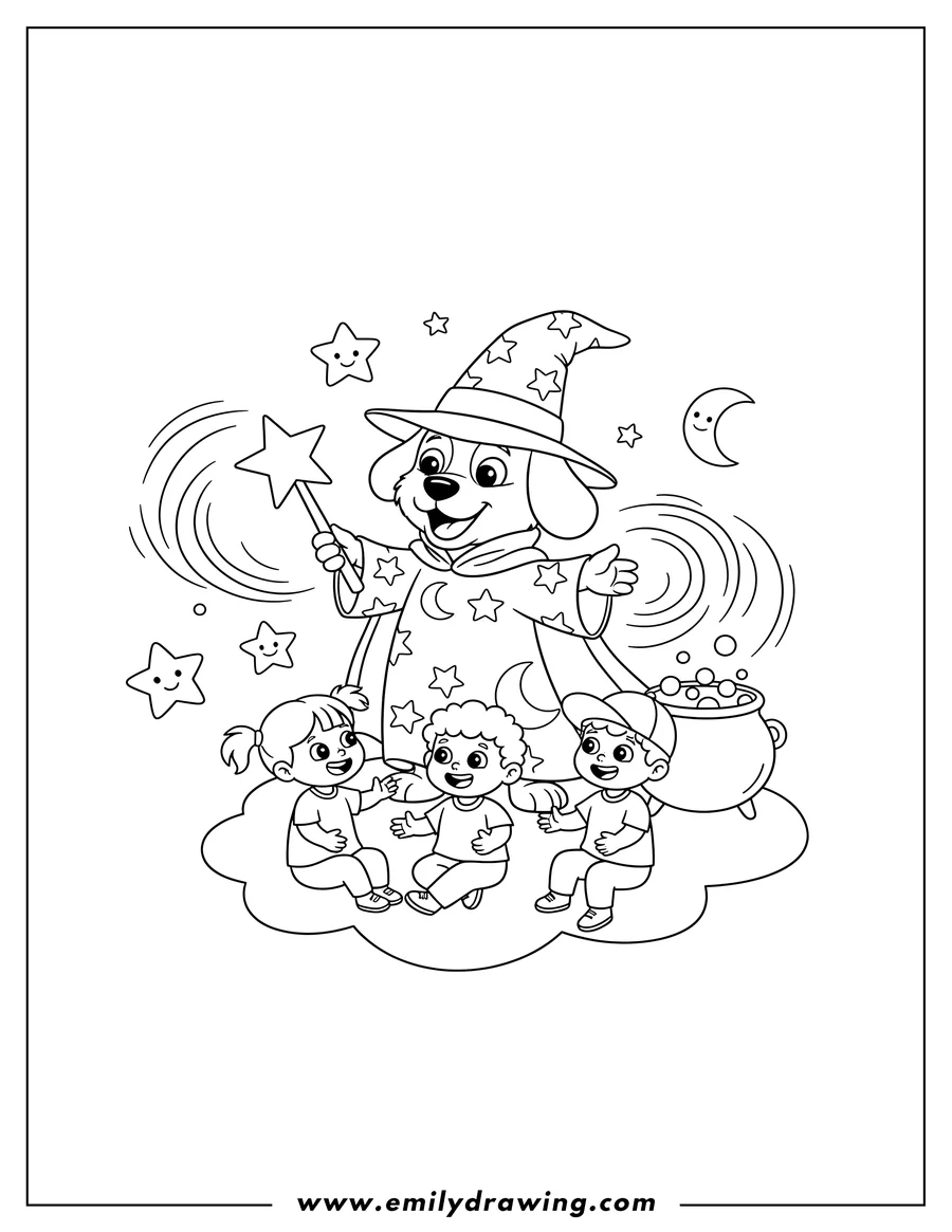 Coloring sheet featuring wizardly Dog wearing a top hat and holding a star wand, Performing Magic Preschoolers