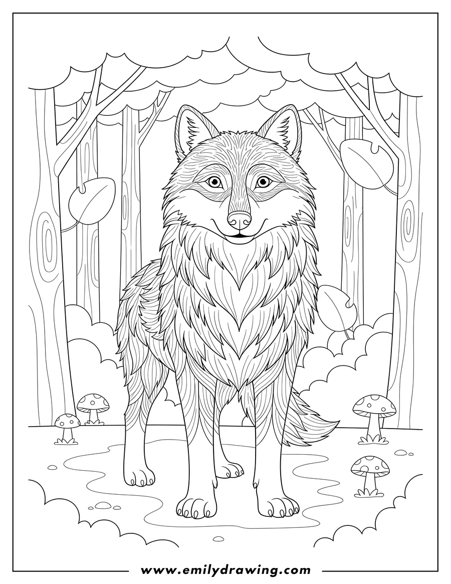 Free to print drawing of wolf With Detailed Fur Standing, looking forward, Forest Pag
