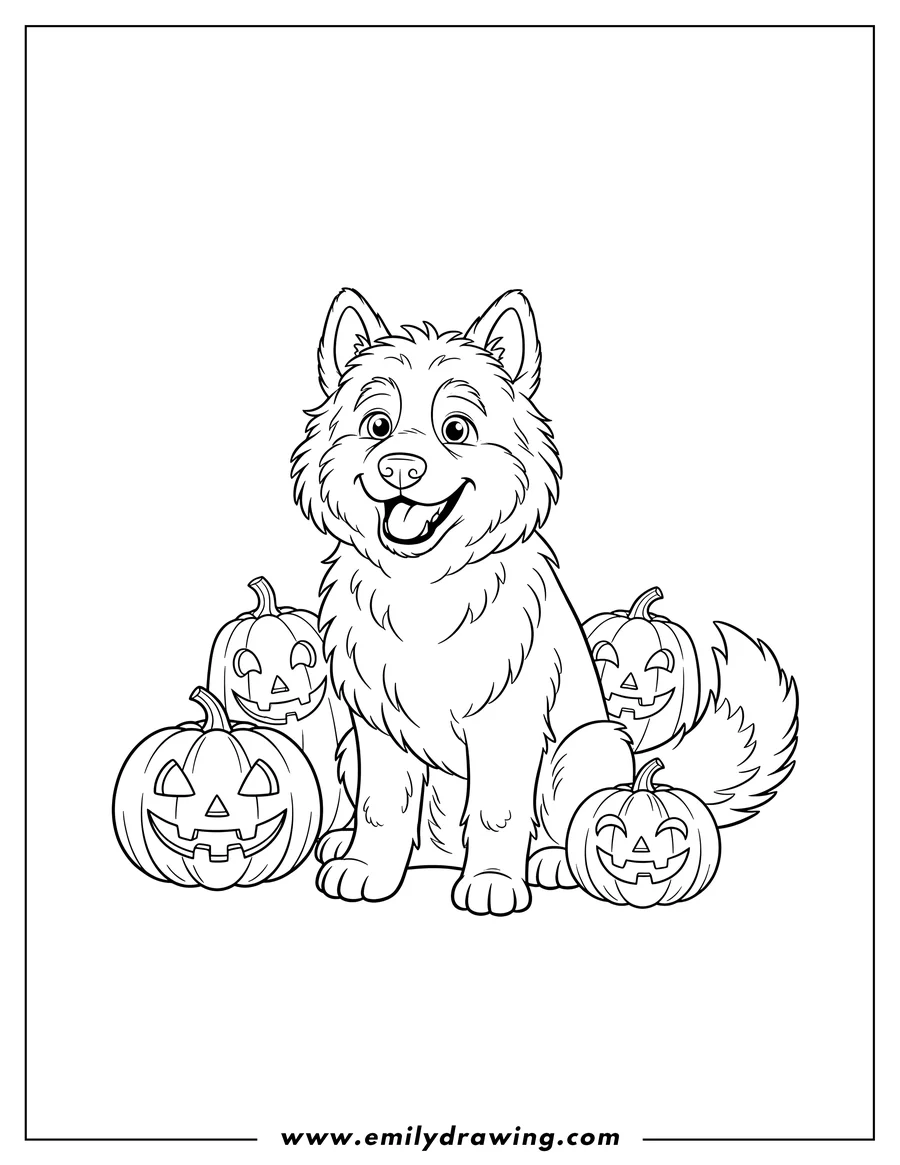 Simple sketch of wolfie, a fluffy smiling dog, with jack-o'-lanterns to color