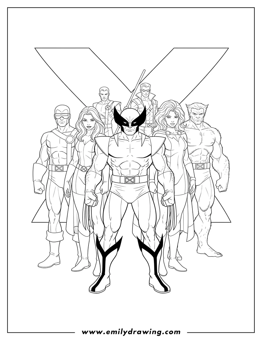 Free printable coloring sheet of wolverine and X-Men V2, group standing pose with Wolverine central