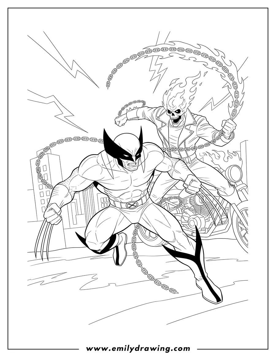 Coloring page of wolverine fighting flaming Ghost Rider with claws and chains