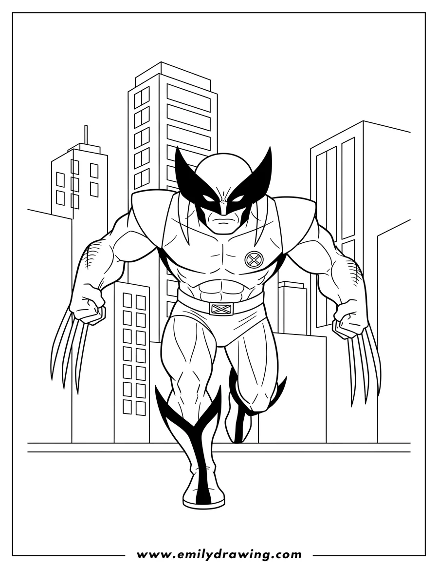 Black and white line art of wolverine in his mask, running with claws extended in a city
