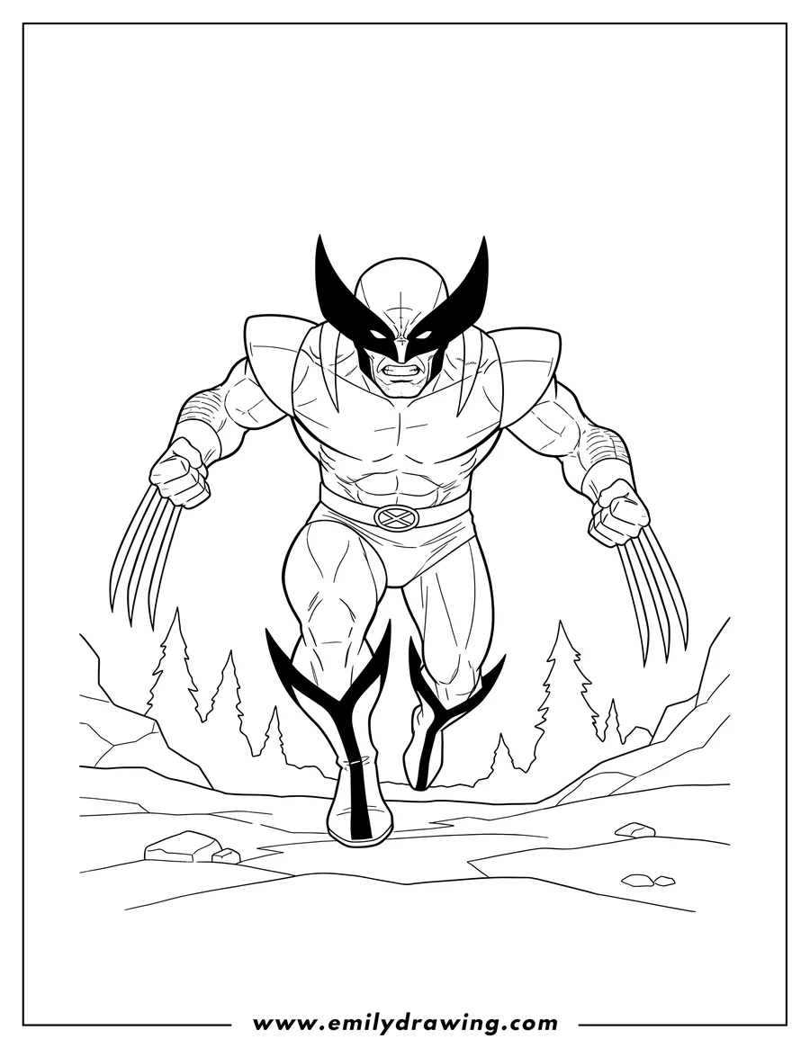 Printable coloring page of wolverine Superhero running with claws extended