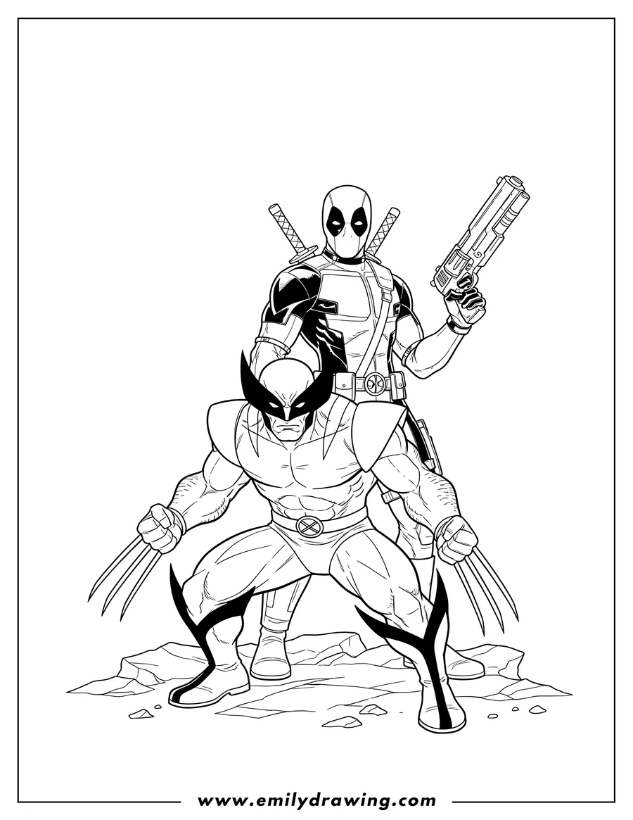 Outline drawing of wolverine With Deadpool, Wolverine crouching with claws extended, and Deadpool holding a gun
