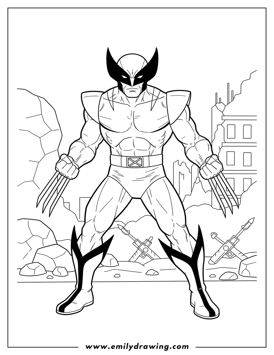 Free printable coloring sheet of wolverine X Men Costume Battlefield, with claws extended
