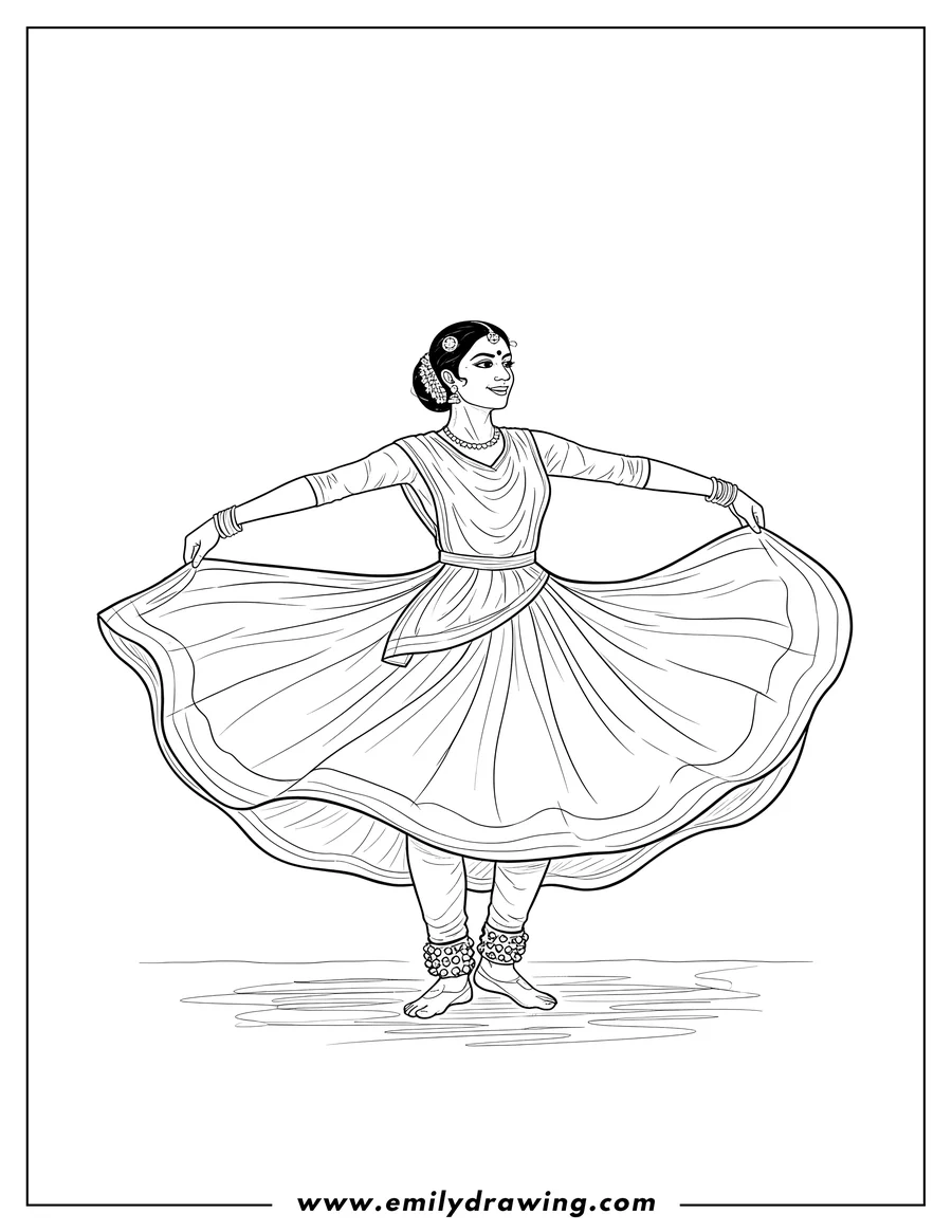 Vector style outline of woman Dancing North Indian Classical Dance Kathak, spinning with arms outstretched