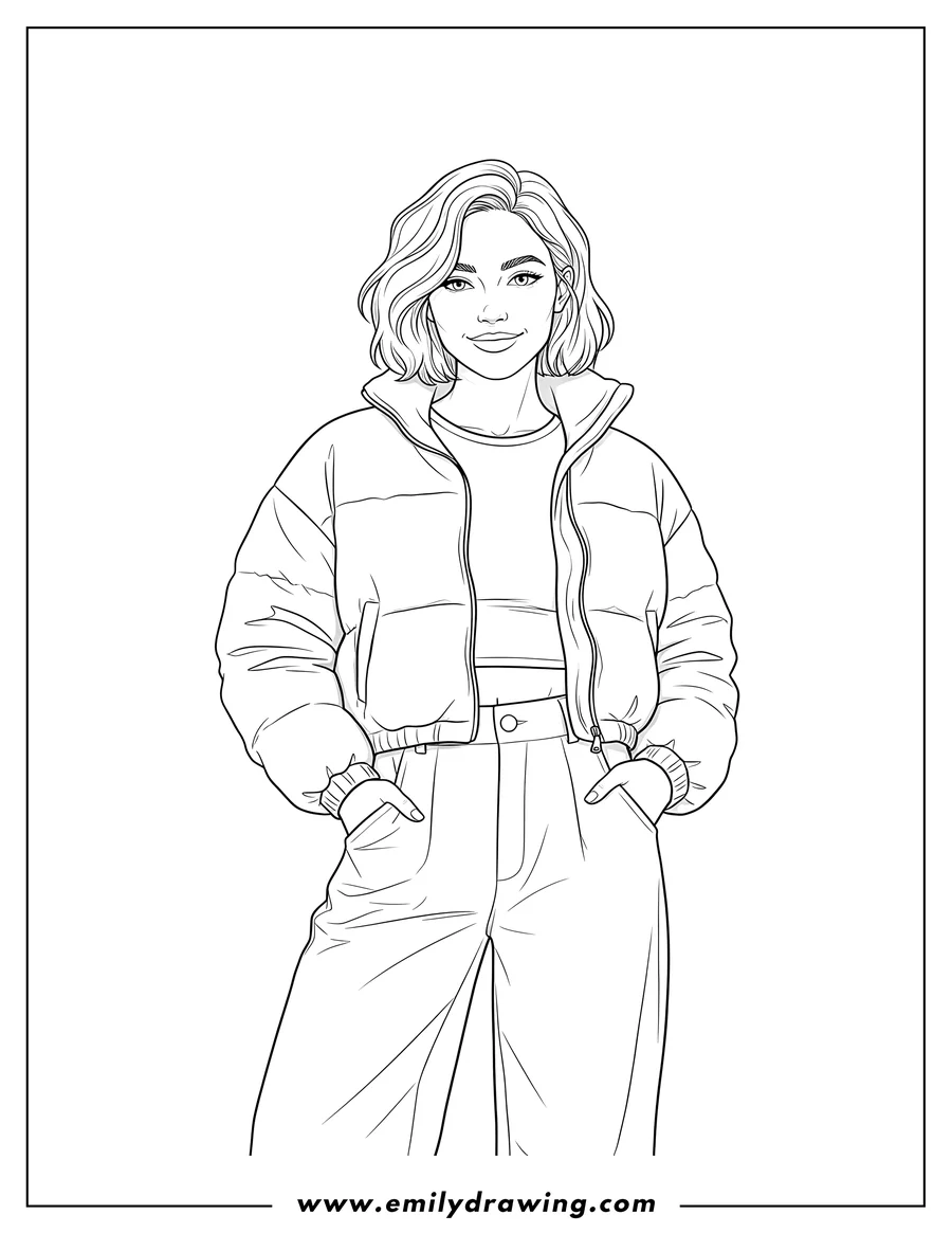 Coloring page for kids: realistic Woman standing with short hair, wearing a crop top and puff jacket with hands in pockets