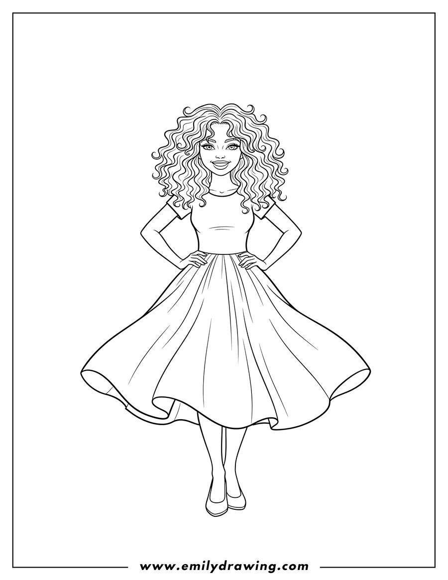 Full page coloring image of easy Outline Woman with curly hair, smiling, hands on hips, in a Midi Dress With Flare Skirt