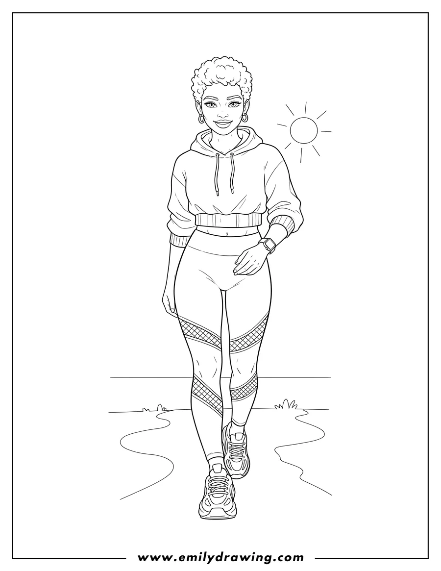 PDF style coloring page: A woman with short curly hair, wearing a modern athleisure outfit featuring a cropped hoodie and leggings, walking forward